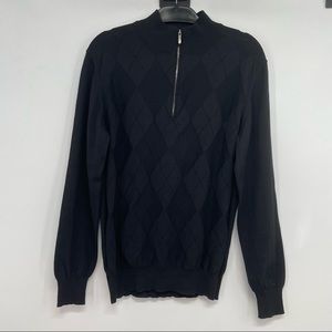 Dalmine Men's Size 50 Merino Wool Argyle 1/4 Zip Pullover Sweater Black Italy